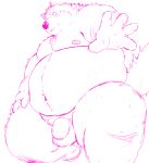  2021 absurd_res anthro balls belly canid canine canis domestic_dog flaccid genitals hi_res humanoid_genitalia humanoid_hands humanoid_penis kemono kumajjjj male mammal monochrome moobs navel nipples obese obese_male overweight overweight_male penis pink_and_white simple_background solo white_background 