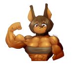  2021 5_fingers abs anthro bandeau belt biceps big_muscles breasts brown_body brown_fur brown_hair canid canine canis choker cleavage clothed clothing collar dobermann dog_knight_rpg domestic_dog female fingers flexing flexing_bicep fur hair hi_res huge_muscles jewelry mammal muscular muscular_female necklace orange_eyes pinscher razzberryboat rory_(ceehaz) short_hair signature simple_background solo topwear white_background 