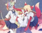  &lt;3 angry anthro banto-kun bed blonde_hair blood blue_eyes bodily_fluids bottomwear bow_tie bulge canid canine cervid cervine clothed clothing crossdressing crown digital_media_(artwork) fennec fight fighting_over_boy fox fumiko fur furniture girly glowing grey_body grey_fur group hair hand_on_crotch inner_ear_fluff lil-maj male male/male mammal mory multicolored_hair necktie nosebleed pants pink_glow prince_rigel pushing rainbow_hair red_body red_eyes red_fur school_uniform shaded skirt tuft uniform yellow_body yellow_fur 