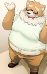  2016 anthro belly bottomwear brown_body brown_fur canid canine canis clothing domestic_dog eyes_closed eyewear fur glasses hi_res humanoid_hands kemono male mammal manekanaineko overweight overweight_male pants shirt solo topwear 
