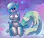  2020 anthro arctic_fox areola biped blue_body blue_fur blue_nose breasts canid canine cloud detailed_background digital_media_(artwork) ear_piercing female fox fur genitals hair kneeling kolae looking_at_viewer mammal nipples nude on_cloud outside paws piercing pussy shaded sky solo star starry_sky white_body white_fur 