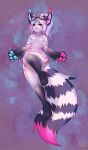  2018 anthro areola biped blue_eyes blue_hair blue_nipples blue_pawpads breasts colored_nails digital_media_(artwork) enni felid feline female fur hair heterochromia hi_res inner_ear_fluff kolae mammal markings multicolored_hair nails nipples nude pawpads paws pink_eyes pink_hair pink_pawpads raised_leg shaded simple_background solo striped_tail stripes tuft white_body white_fur white_hair 