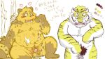  &lt;3 16:9 2009 anthro balls belly big_belly blush bodily_fluids brown_body canid canine cum doran_(pixiv_artist) duo erection felid genital_fluids genitals japanese_text kemono male mammal overweight overweight_male pantherine penis pubes raccoon_dog sitting small_penis tanuki text tiger white_body widescreen 