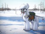  2021 4:3 absurd_res blurred_background equid eyebrows eyelashes feral fishing_rod fur hasbro hi_res mammal my_little_pony outside selenophile shadow side_view snow solo white_body white_fur winter 
