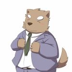  1:1 2014 animated anthro blush bottomwear brown_body brown_fur canid canine canis clothing domestic_dog emufu eyes_closed fur humanoid_hands kemono male mammal necktie overweight overweight_anthro overweight_male pants shirt short_playtime simple_background solo topwear white_background 