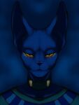  absurd_res anthro beerus big_ears bust_portrait choker dark_body dark_skin domestic_cat dragon_ball dragon_ball_super felid feline felis glowing glowing_eyes gold_(metal) gold_jewelry hairless hairless_cat hi_res jewelry male mammal necklace portrait shaded solo tkraccoon yellow_eyes 