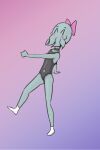  accessory animal_humanoid biped blush child choker clothed clothing eyes_closed female footwear gradient_background hair_accessory hair_bow hair_ribbon happy_harvey humanoid jewelry leotard mind_flayer necklace phone_drawing ribbons simple_background socks solo tentacles walking young 