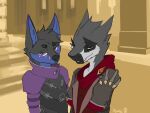  4:3 anthro armor canid canine clothing duo fox fur grey_body grey_eyes grey_fur male mammal purple_clothing red_clothing red_eyes scarf sergal simple_background xana_rei xanareihakamura yellow_background 