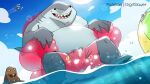  2021 anthro belly bulge clayface clothing dc_comics detailed_background digitslayer duo fish grey_body king_shark male marine outside overweight overweight_male shark sitting swimwear water 