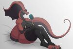  anthro black_body black_sclera breasts chockloss claws clothed clothing cobra cup curvy_figure fangs female legwear non-mammal_breasts red_body reptile scalie simple_background snake solo stockings 