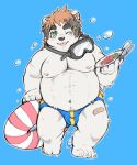  2017 anthro belly black_nose blue_background blush bulge clothing food green_eyes humanoid_hands kemono male mammal moobs navel nipples one_eye_closed overweight overweight_male roostax_wilddog simple_background solo swimwear tongue tongue_out ursid wink young 