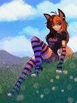  3:4 anthro arm_warmers armwear biped bottomwear canid canine canis clothed clothing cloud detailed_background digital_media_(artwork) ear_piercing female grass hair hi_res kolae legwear looking_at_viewer mammal multicolored_hair outside pattern_clothing pattern_legwear pattern_stockings piercing plant shaded shorts sitting sky stockings striped_clothing striped_legwear striped_stockings stripes text text_on_clothing two_tone_hair wolf 