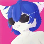 1:1 anthro bangs blue_hair chad_(meme) eyewear fur hair hi_res kemono looking_away male multicolored_body multicolored_fur pink_background pink_nose profile_picture shaded simple_background smile solo sunglasses texaaa two_tone_body two_tone_fur white_body white_fur 