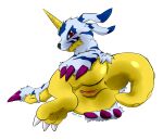  2015 anus arm_support bandai_namco butt claws digimon digimon_(species) digital_media_(artwork) female feral fur_coat gabumon genitals hatiimiga hi_res horn looking_at_viewer lying on_side presenting presenting_pussy pussy rear_view semi-anthro simple_background solo white_background 