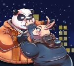  2014 angry anthro black_body black_nose blush clothing duo eyewear giant_panda glasses humanoid_hands kemono lagomorph leporid male mammal manekanaineko night outside overweight overweight_male rabbit scarf sweater topwear ursid white_body 