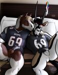  antelope anthro balls bed bedroom bgn black_body black_fur black_penis blonde_hair bottomless bovid brown_body brown_fur butt clothed clothing duo equid equine football_jersey fur furniture genitals grazing_antelope hair half-erect half_naked hat headgear headwear horn horse humanoid_genitalia humanoid_penis jamie_the_oryx jockstrap kissing kissing_cheek looking_at_viewer male male/male mammal multicolored_body multicolored_fur muscular muscular_anthro muscular_male muscular_thighs new_england_patriots nfl one_eye_closed oryx penis pittsburgh_steelers rainbow smile tan_body tan_fur underwear white_body white_fur wink 