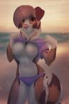  2020 anthro areola biped blurred_background breasts brown_body brown_fur canid canine canis clothed clothing clothing_lift digital_media_(artwork) domestic_dog female fur hair herding_dog hi_res kolae looking_at_viewer mammal navel nipples outside panties pastoral_dog purple_clothing red_eyes shaded sinalanf solo underwear white_body white_fur 