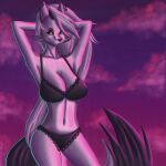  1:1 2021 absurd_res anthro big_breasts bra breasts canid canid_demon canine canis clothed clothing demon demongirl_demoness digital_drawing_(artwork) digital_media_(artwork) ear_piercing female fur grey_body grey_fur grey_hair hair hands_behind_back hellhound helluva_boss hi_res lingerie long_hair loona_(vivzmind) mammal multicolored_body multicolored_fur panties piercing red_sclera solo two_tone_body two_tone_fur underwear white_body white_eyes white_fur wolf 