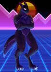  absurd_res blue_body breasts claws crossed_arms detailed_background digitigrade featureless_breasts featureless_crotch female hi_res looking_at_viewer machine mountain neon night patreon robot signature solo star sun synth_(vader-san) synthwave woolier 