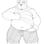  1:1 2017 anthro belly bottomwear canid canine canis clothing domestic_dog emufu hi_res humanoid_hands kemono male mammal monochrome navel overweight overweight_male shirt shorts simple_background solo topwear white_background 