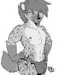  2020 anthro biped clothed clothing duo fur grin hair hyaenid jockstrap male mammal micro monochrome mouse murid murine rick_griffin rodent simple_background size_difference smile spots spotted_body spotted_fur teeth topless underwear white_background 