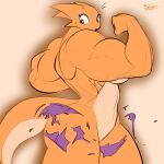  1:1 2014 anthro biceps big_muscles biped breasts clothing digital_media_(artwork) dragon female flexing muscular muscular_anthro muscular_female non-mammal_breasts nude scalie simple_background slypon solo standing torn_clothing 