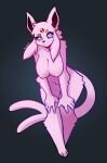  2021 3_toes 5_fingers anthro anthrofied bent_over black_background breasts digital_media_(artwork) eeveelution elbow_tuft espeon eyebrows eyelashes feet female fingers fluffy forehead_gem forked_tail fur hands_on_knees hi_res hip_tuft leaning leaning_forward looking_at_viewer mewgle nintendo nipples nude paws pink_body pink_eyebrows pink_eyes pink_fur pink_sclera pinup pok&eacute;mon pok&eacute;mon_(species) pok&eacute;morph pose raised_eyebrow shoulder_tuft signature simple_background smile solo standing toes tuft video_games 
