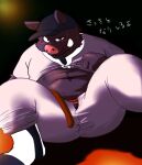  2010 anthro belly big_belly black_body blush bottomwear butt clothing doran_(pixiv_artist) humanoid_hands japanese_text kemono male mammal overweight overweight_male pants shirt solo suid suina sus_(pig) text topwear wild_boar 