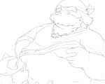  2014 5:4 anthro belly canid canine canis clothing domestic_dog duo emufu humanoid_hands kemono male mammal mature_male monochrome moobs nipples overweight overweight_male shirt simple_background topwear white_background 