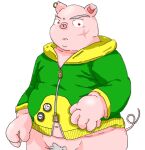  2012 anthro belly clothing domestic_pig hoodie humanoid_hands kemono male mammal manekanaineko overweight overweight_male pink_body pubes scar simple_background solo suid suina sus_(pig) topwear white_background 