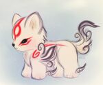  2019 amaterasu canid canine canis capcom chibi deity digital_media_(artwork) female feral fur kolae mammal markings quadruped red_markings simple_background solo video_games white_body white_fur wolf ōkami 