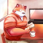  1:1 2014 anthro belly beverage book bottomwear clothing coffee domestic_cat felid feline felis humanoid_hands kemono male mammal manekanaineko overweight overweight_male reading shirt shorts sitting solo television topwear 