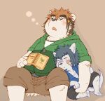  2010 anthro book bottomwear canid canine canis clothing duo eyes_closed hug kemono male mammal overweight overweight_male roostax_wilddog shirt shorts sitting sleeping topwear ursid wolf 