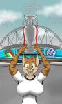  anthro big_breasts breasts brown_hair celine_(vinfox) clothing dalilallana100 domestic_cat felid feline felis female fur green_eyes hair hi_res mammal open_mouth smile soccer solo sport stripes teeth whiskers world_cup 