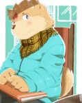  2014 4:5 anthro blush bottomwear brown_body brown_fur brown_nose canid canine canis chair clothing domestic_dog fur furniture hi_res hinami humanoid_hands kemono male mammal pants sitting solo sweater topwear 