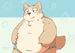  2016 anthro belly big_belly blush bodily_fluids canid canine canis clothing cute_fangs domestic_dog kemono male mammal natamaru_a navel overweight overweight_male solo sweat underwear 