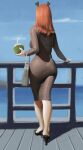  2021 absurd_res anthro beverage butt cervid clothed clothing coconut coconut_drink dress drupe_(fruit) female food footwear fruit fully_clothed hair handbag hi_res high_heels holding_beverage holding_object horn mammal momo_fox momodeer orange_hair outside plant rear_view shoes short_hair sky solo straw tight_clothing water 