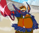  2014 angry anthro belly brown_body bulge clothing cosplay juuichi_mikazuki kemono kill_la_kill male mammal moku_nameko morenatsu overweight overweight_male solo studio_trigger underwear ursid video_games visual_novel weapon 