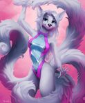  anthro blue_eyes breasts canid canine claws clothing dreamspinner female fivel fox fur hair hi_res holding_tail krinele_fullin long_hair looking_at_viewer mammal multi_tail open_hand simple_background smile solo suit translucent translucent_clothing white_body white_fur 