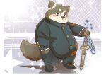  2017 anthro belly big_belly blush bottomwear brown_body brown_fur canid canine canis chubby_protagonist_(tas) clothing domestic_dog fur humanoid_hands kemono male mammal natamaru_a overweight overweight_male pants popori protagonist_(tas) shirt solo tera_online tokyo_afterschool_summoners topwear video_games weapon 