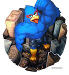  anthro avian bird blue_body boxer_briefs bulge city clothing destruction falco_lombardi hi_res high-angle_view macro male muscular muscular_male nintendo open_mouth oral_vore solo star_fox tongue tongue_out underwear video_games vore wolfmalro 