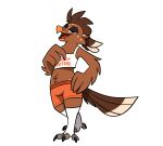  anthro avian bottomwear clothing crop_top femboy_hooters hi_res legwear male midriff piemations pretzel_(piemations) shirt shorts solo stockings topwear 