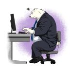  1:1 2010 anthro belly black_nose bottomwear chair clothing computer fur furniture humanoid_hands jin_(artist) kemono male mammal necktie overweight overweight_male pants polar_bear shirt sitting solo suit topwear ursid ursine white_body white_fur 