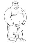  2014 anthro belly big_belly chuuta_(pixiv) domestic_pig eyes_closed kemono male mammal monochrome moobs navel nipples overweight overweight_male simple_background solo suid suina sus_(pig) tyu-ta white_background 
