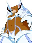  12beat13 2014 anthro belly blush brown_body brown_fur bulge clothing cosplay fur humanoid_hands juuichi_mikazuki kemono kill_la_kill male mammal morenatsu navel overweight overweight_male simple_background solo studio_trigger underwear ursid video_games visual_novel white_background 