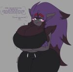  anthro big_breasts blush breasts butt curvy_figure dewwydarts female hair hi_res hourglass_figure hyper implied_breast_expansion nea_(dewwydarts) nintendo pok&eacute;mon pok&eacute;mon_(species) purple_hair solo sweatpants tagme teal_eyes thick_thighs video_games wide_hips zoroark 