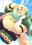  2017 anthro belly big_belly blush bottomwear canid canine canis clothing cu_sith_(tas) domestic_dog hi_res hoodie humanoid_hands kemono male mammal natamaru_a overweight overweight_male pants scarf solo tokyo_afterschool_summoners topwear video_games 