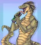  27dayfreak anthro blue_background countershade_face countershade_tail countershade_torso countershading digital_media_(artwork) green_body green_eyes green_scales green_tail hi_res hissectomy holding_object looking_at_viewer male nude open_mouth pink_tongue pringles reptile scales scalie shadow simple_background solo teeth tongue tongue_out yellow_body yellow_scales 