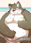  2016 anthro belly big_belly blush bodily_fluids canid canine canis cute_fangs domestic_dog erection genitals kemono male mammal masturbation natamaru_a overweight overweight_male penis phone solo sweat 