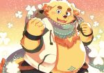  2016 anthro belly big_belly blush bottomwear canid canine canis clothing cu_sith_(tas) domestic_dog hoodie humanoid_hands kemono male mammal natamaru_a overweight overweight_male pants scarf solo tokyo_afterschool_summoners topwear video_games 